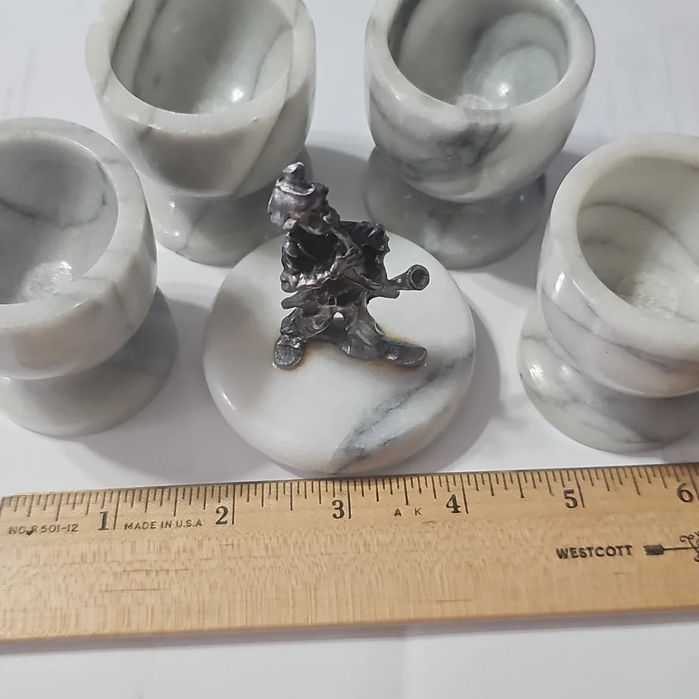 MARBLE White and Gray Veined Vintage Marble Egg Cup Set with Decorative Lid